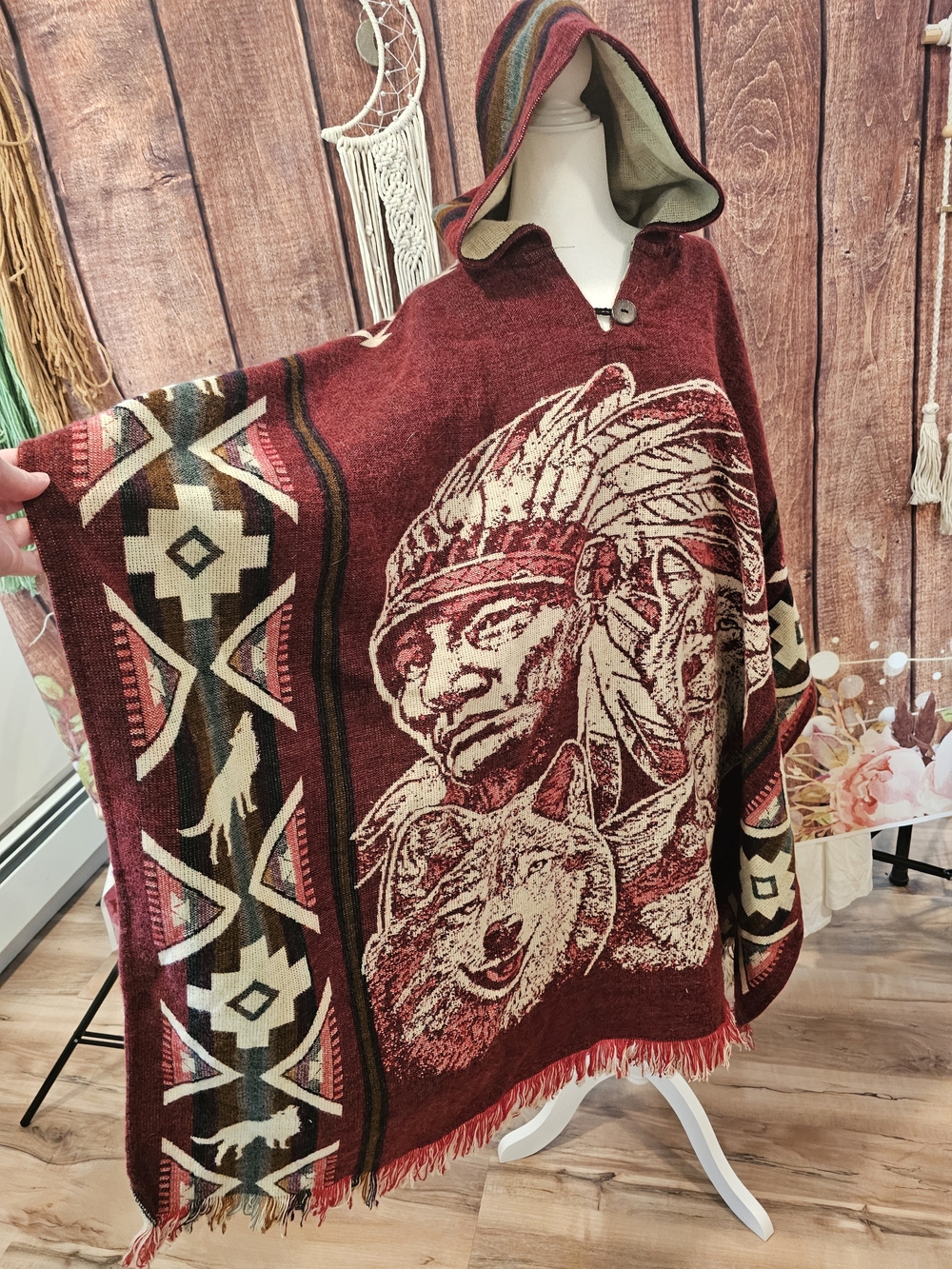 UNISEX ALPACA WOOL NATIVE WOLF PONCHO OSFA